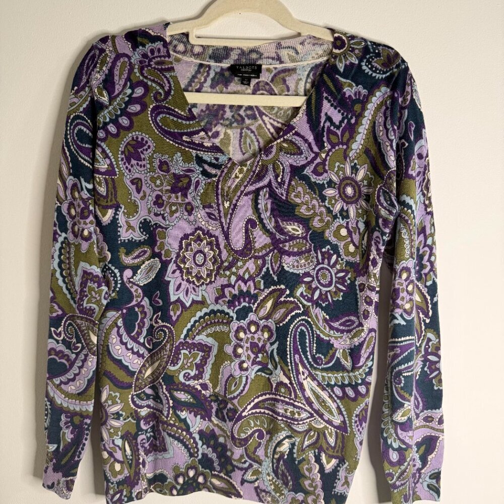 Talbots Pure Italian Merino Wool V Neck Sweater Paisley Boho Fall - Medium